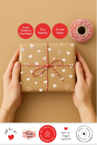 5li Paket Kağıdı (Kalp Desenli), 35m Paket İpi ve 35 adet Stickerdan oluşan ambalaj seti - Bimotif
