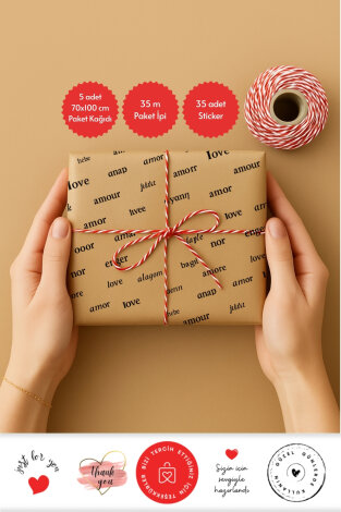 5li Paket Kağıdı (Love Desenli), 35m Paket İpi ve 35 adet Stickerdan oluşan ambalaj seti - Bimotif
