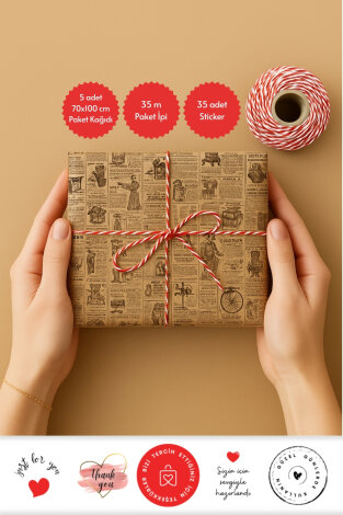 5li Paket Kağıdı (Vintage Desenli), 35m Paket İpi ve 35 adet Stickerdan oluşan ambalaj seti - Bimotif