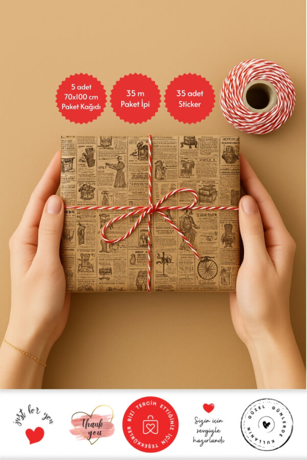 5li Paket Kağıdı (Vintage Desenli), 35m Paket İpi ve 35 adet Stickerdan oluşan ambalaj seti - 1