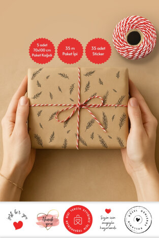 5li Paket Kağıdı (Yaprak Desenli), 35m Paket İpi ve 35 adet Stickerdan oluşan ambalaj seti - Bimotif
