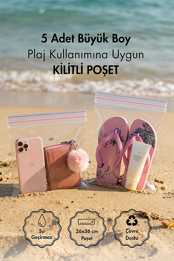 5li Plaj için Büyük Boy Kilitli Eşya Saklama ve Muhafaza Poşet Seti, 26x36cm (Su Geçirmez Poşet) - 1
