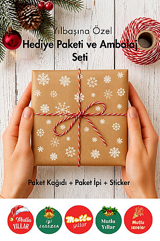 5'li Yılbaşı Kar Paket Kağıdı (70x100 cm) + 25m İp + 35 adet Stickerlı Ambalaj ve Paketleme Seti - Bimotif