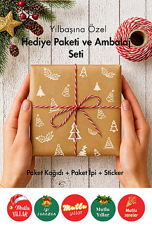 5'li Yılbaşı Çam Paket Kağıdı (70x100 cm) + 25m İp + 35 adet Stickerlı Ambalaj ve Paketleme Seti - Bimotif