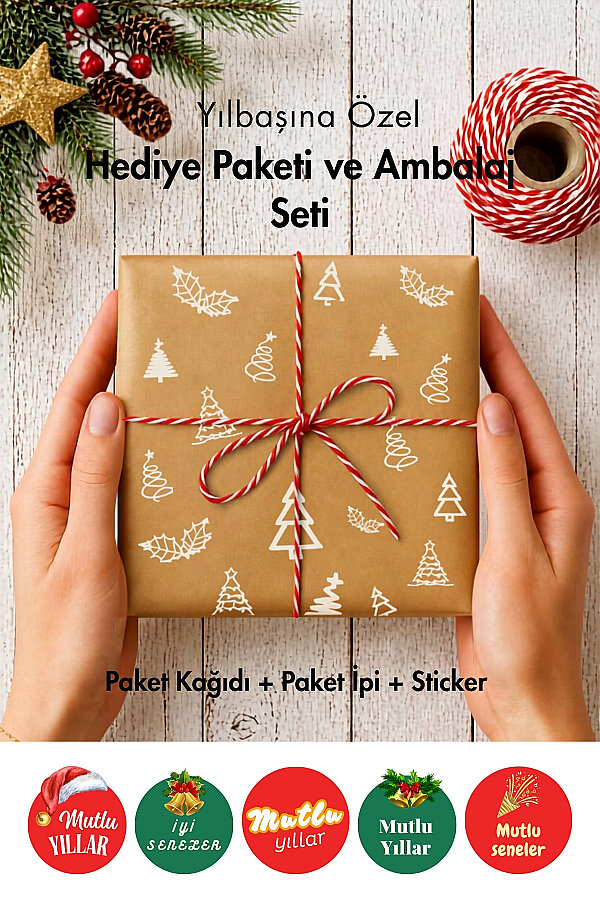 5'li Yılbaşı Çam Paket Kağıdı (70x100 cm) + 25m İp + 35 adet Stickerlı Ambalaj ve Paketleme Seti - 1