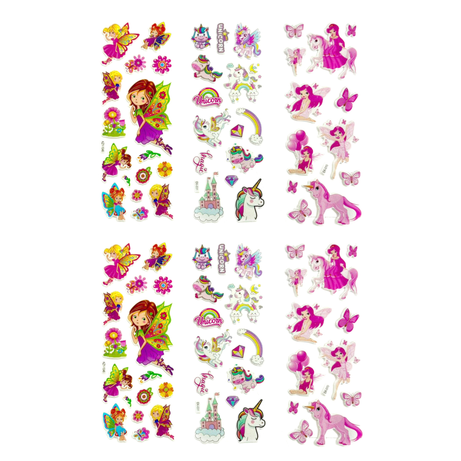 6 adet kabartmalı yapışkan sticker, karışık kelebek kızlar ve boynuzlu at - 1