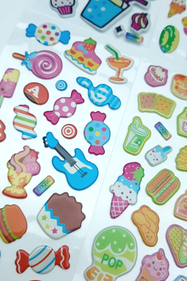 6 adet kabartmalı yapışkan sticker, karışık meyve ve şeker figürleri - 3