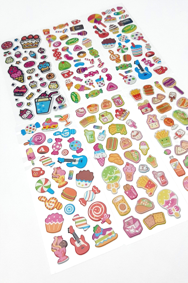6 adet kabartmalı yapışkan sticker, karışık meyve ve şeker figürleri - 2