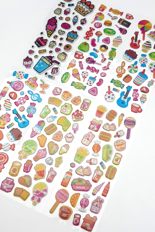 6 adet kabartmalı yapışkan sticker, karışık meyve ve şeker figürleri - Bimotif