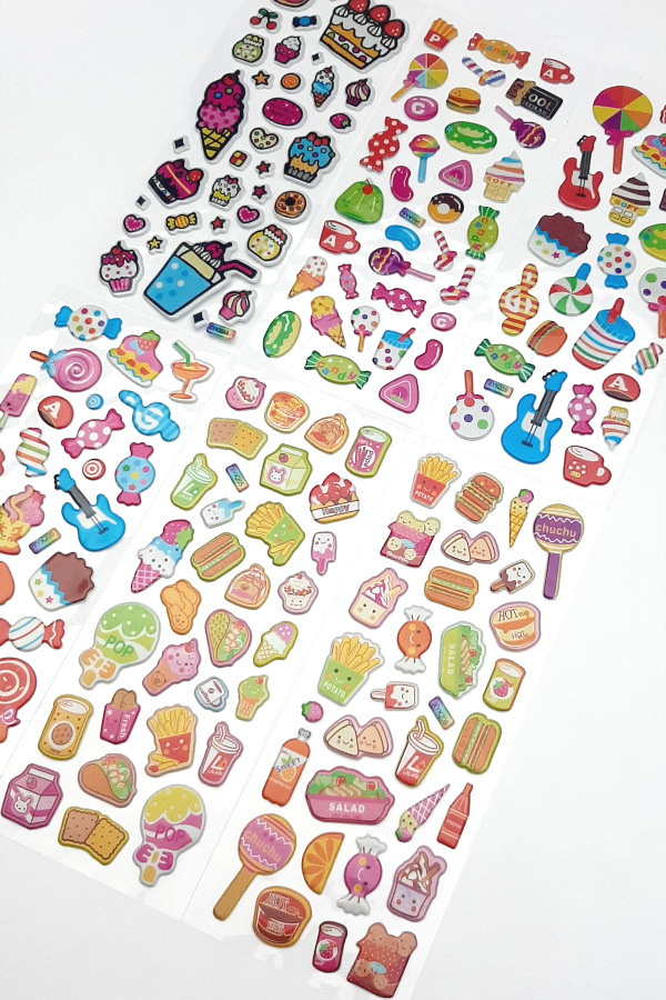 6 adet kabartmalı yapışkan sticker, karışık meyve ve şeker figürleri - 1