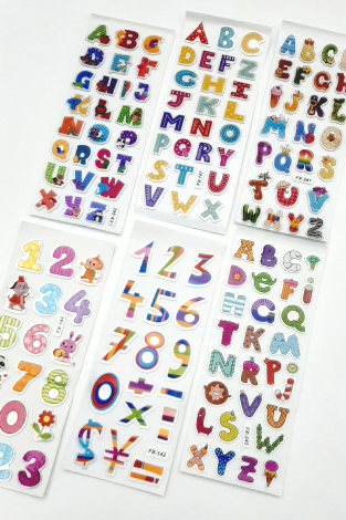 6 adet kabartmalı yapışkan sticker, renkli figürlü alfabe seti - Bimotif