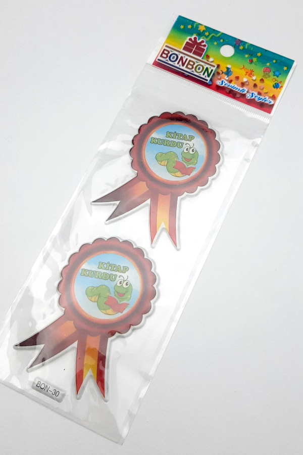 6 adet kabartmalı yapışkan sticker rozet, kitap kurdu - 1