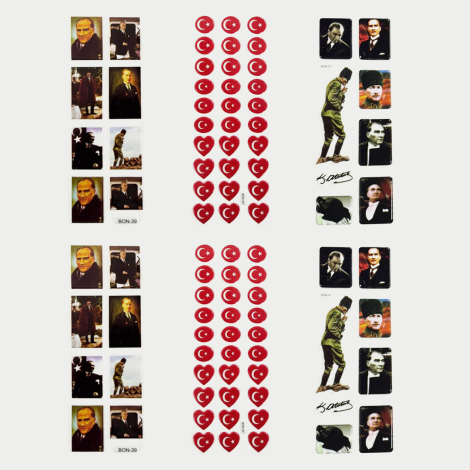 6 adet karışık kabartmalı yapışkan sticker, Atatürk ve Türk bayrağı - Bimotif