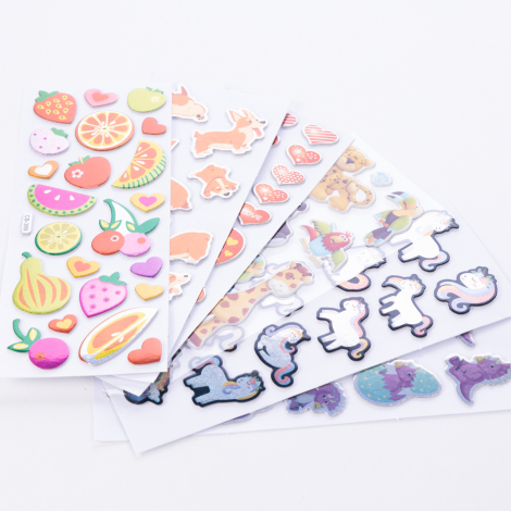 6 adet karışık kabartmalı yapışkan sticker, renkli meyveler, sevimli köpek - Bimotif