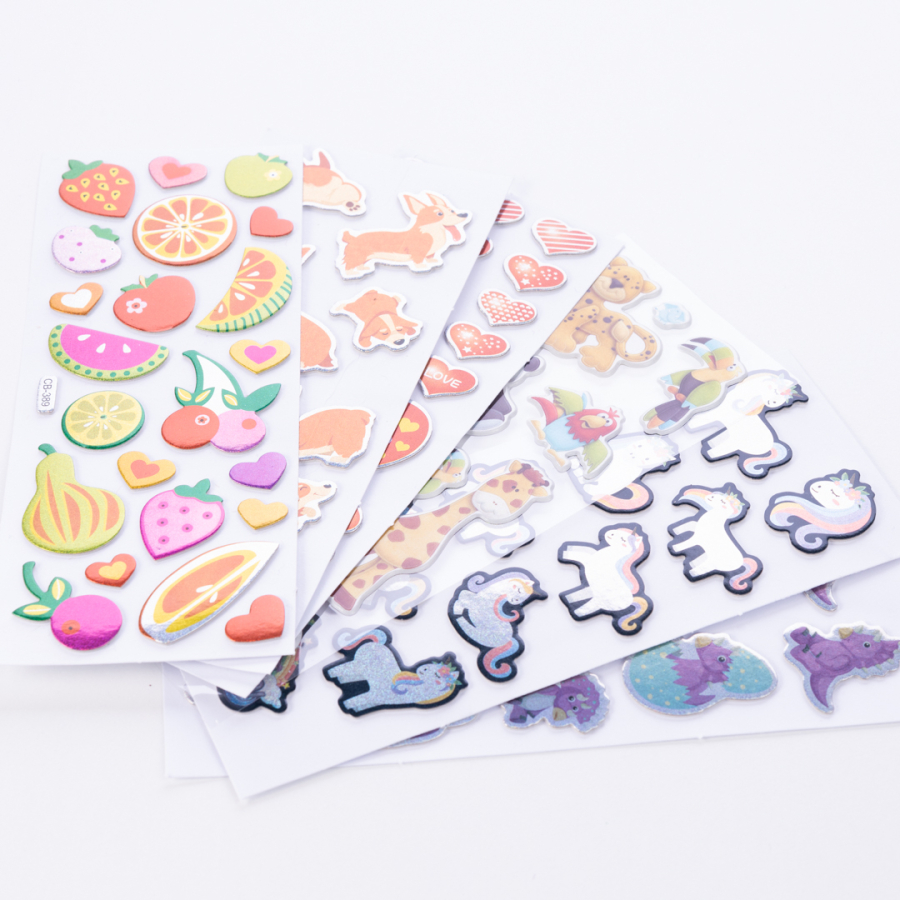 6 adet karışık kabartmalı yapışkan sticker, renkli meyveler, sevimli köpek - 1
