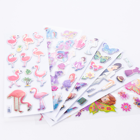 6 adet karışık kabartmalı yapışkan sticker, prenses ve kıyafetleri, flamingolar - Bimotif