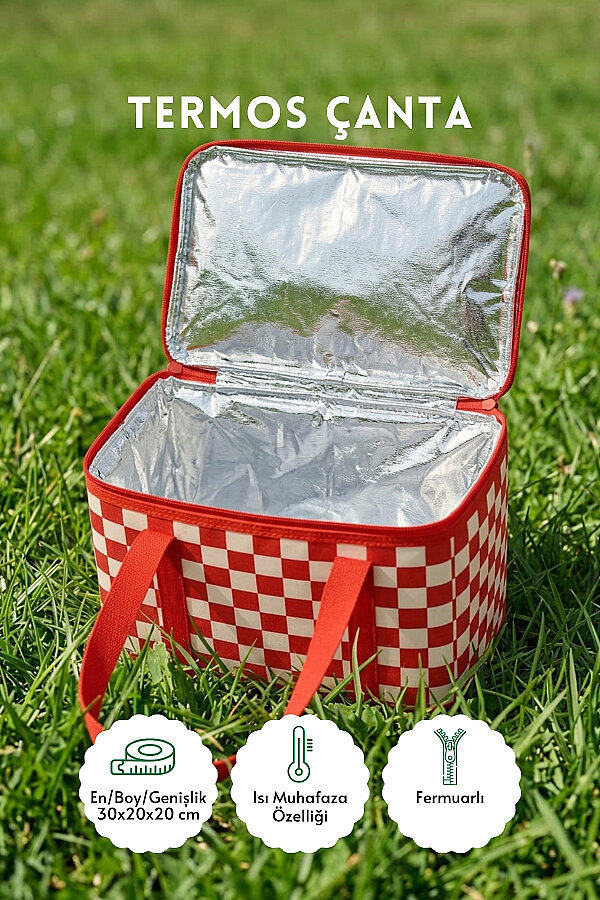 6 Parça Termoslu Piknik Seti (Termos Çanta, Pamuklu Kumaş Piknik Örtüsü ve 4 adet Peçete) - 2