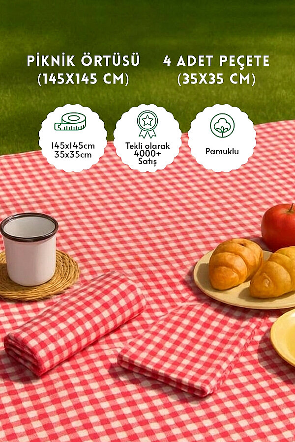 6 Parça Termoslu Piknik Seti (Termos Çanta, Pamuklu Kumaş Piknik Örtüsü ve 4 adet Peçete) - 3