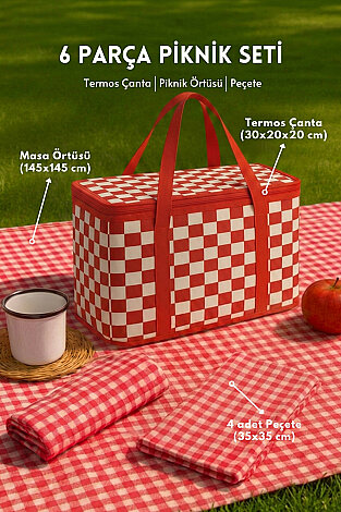 6 Parça Termoslu Piknik Seti (Termos Çanta, Pamuklu Kumaş Piknik Örtüsü ve 4 adet Peçete) - Bimotif