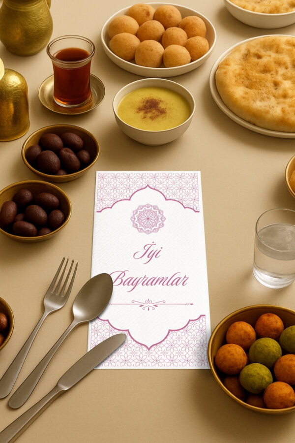 60 adet İyi Bayramlar yazılı çift katlı kağıt peçete, 8.2x16 cm, Ramazan Peçetesi - 1