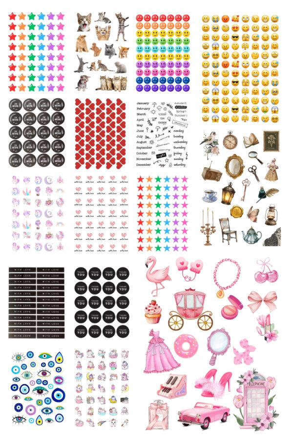 640 adet (16 Sayfa) Sticker Seti, Vintage, Günlük, Emoji, Yıldız, Notebook, Kalp, Ajanda - 2