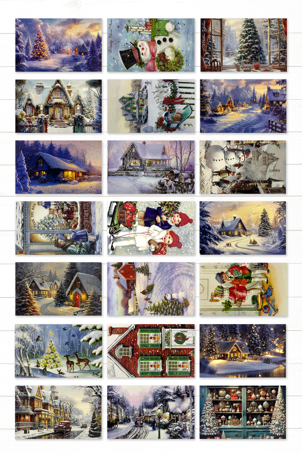 6lı Simli Karışık Yılbaşı Kartpostal Setleri (Kırmızı Ev, Kış Sokakları, Kardan Adam ve Kış Evleri) - 1