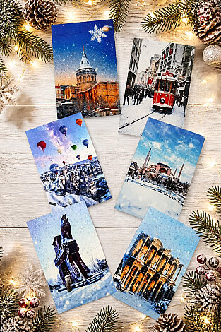 6lı Simli Kartpostal Seti - (Galata Kulesi, Ayasofya, Taksim, Kapadokya, Efes ve Troya Antik Kenti) - Bimotif