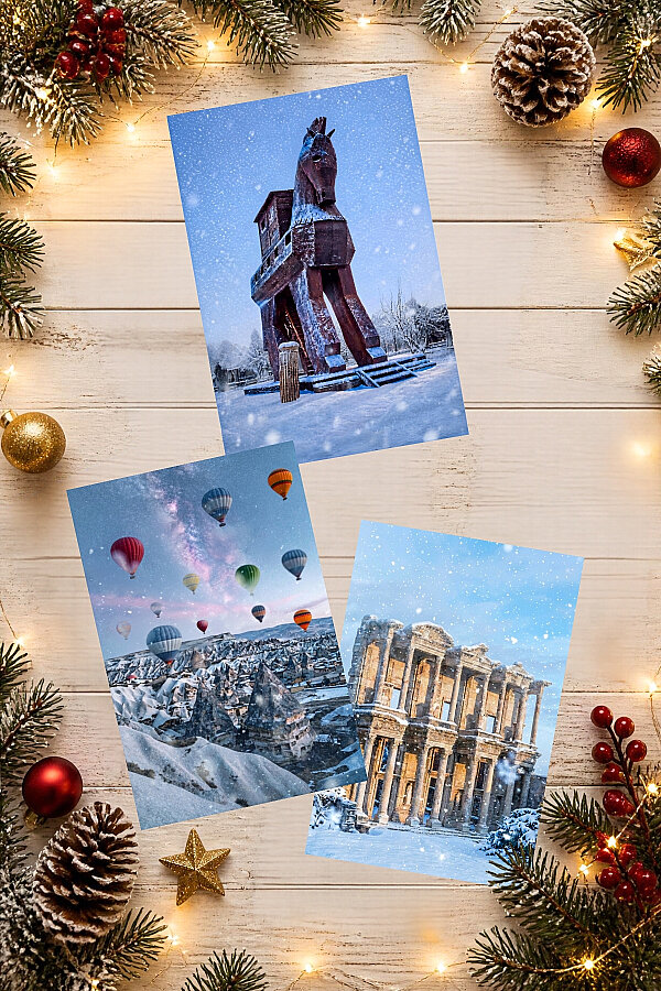 6lı Simli Kartpostal Seti - (Galata Kulesi, Ayasofya, Taksim, Kapadokya, Efes ve Troya Antik Kenti) - 4
