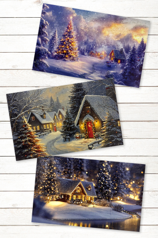 6lı Simli Kartpostal Seti, Yılbaşı, Kış Evleri - 3