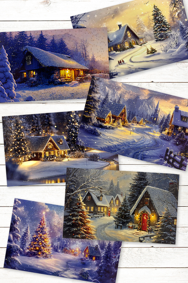 6lı Simli Kartpostal Seti, Yılbaşı, Kış Evleri - 1