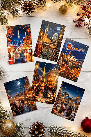 6lı Simli Yılbaşı Kartpostal Seti - Büyük Şehirlerde Yeni Yıl (Kendinden Simli, Not Yazılabilir) - Bimotif