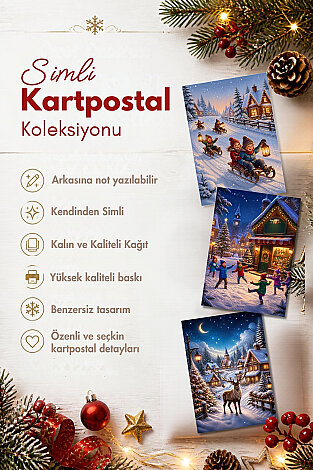 6lı Simli Yılbaşı Kartpostal Seti - Dağ Köyünde Kış (Kendinden Simli, Not Yazılabilir) - Bimotif (1)
