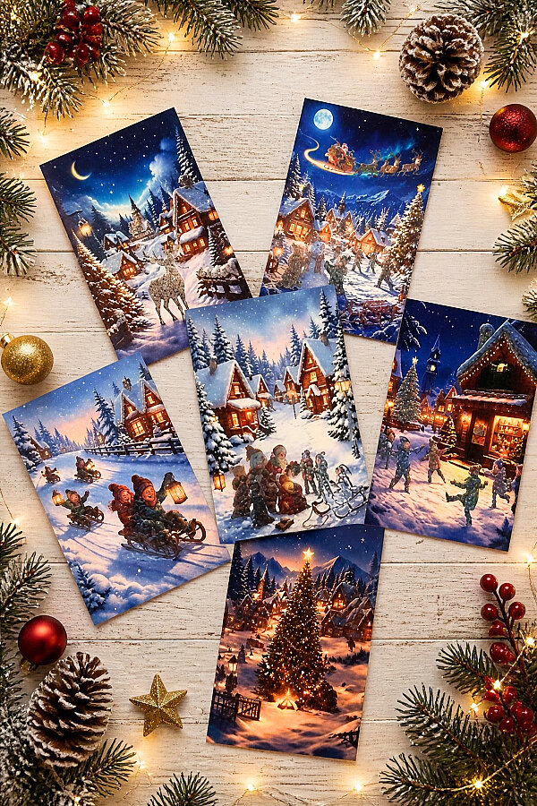 6lı Simli Yılbaşı Kartpostal Seti - Dağ Köyünde Kış (Kendinden Simli, Not Yazılabilir) - 1