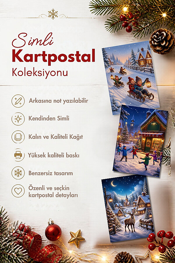 6lı Simli Yılbaşı Kartpostal Seti - Dağ Köyünde Kış (Kendinden Simli, Not Yazılabilir) - 2