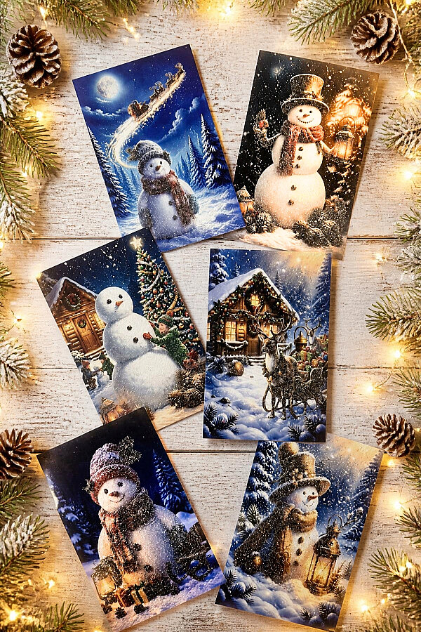 6lı Simli Yılbaşı Kartpostal Seti - Kardan Adamlar (Kendinden Simli, Not Yazılabilir) - 1