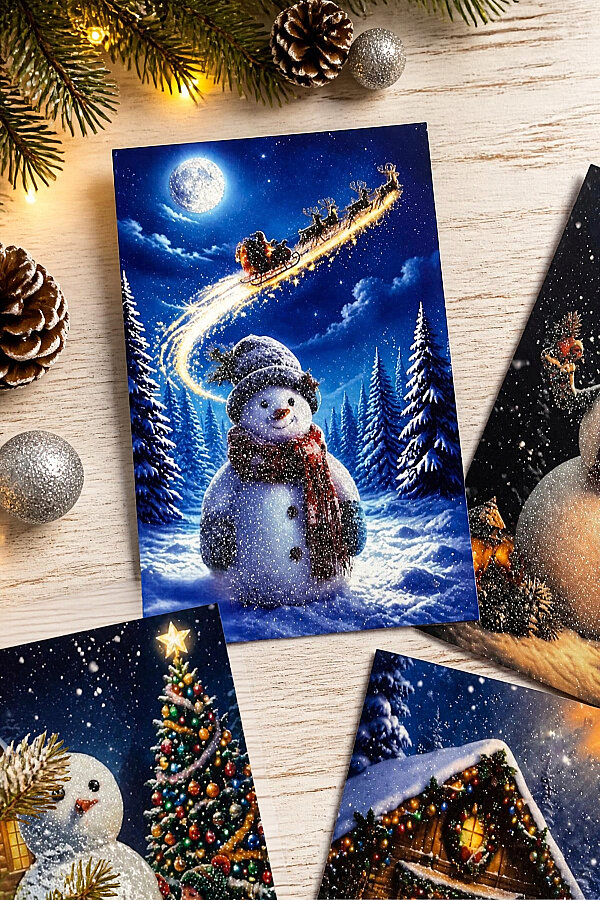 6lı Simli Yılbaşı Kartpostal Seti - Kardan Adamlar (Kendinden Simli, Not Yazılabilir) - 3