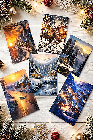 6lı Simli Yılbaşı Kartpostal Seti - Karlı Dere ve Kış Manzarası (Kendinden Simli, Not Yazılabilir) - Bimotif