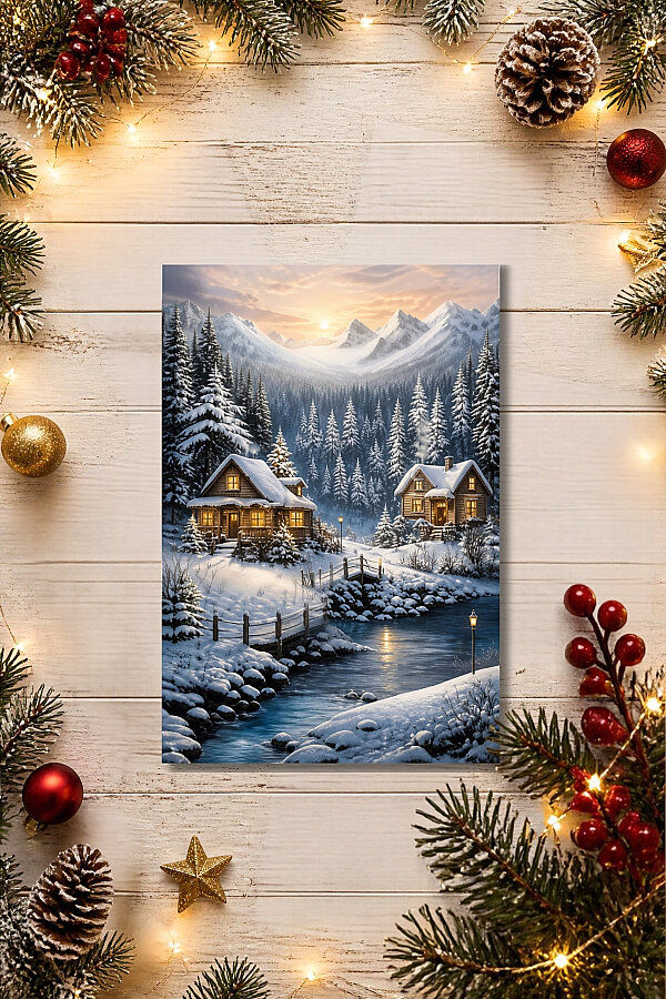 6lı Simli Yılbaşı Kartpostal Seti - Karlı Dere ve Kış Manzarası (Kendinden Simli, Not Yazılabilir) - 5