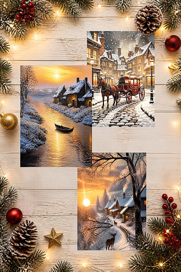 6lı Simli Yılbaşı Kartpostal Seti - Karlı Dere ve Kış Manzarası (Kendinden Simli, Not Yazılabilir) - 4