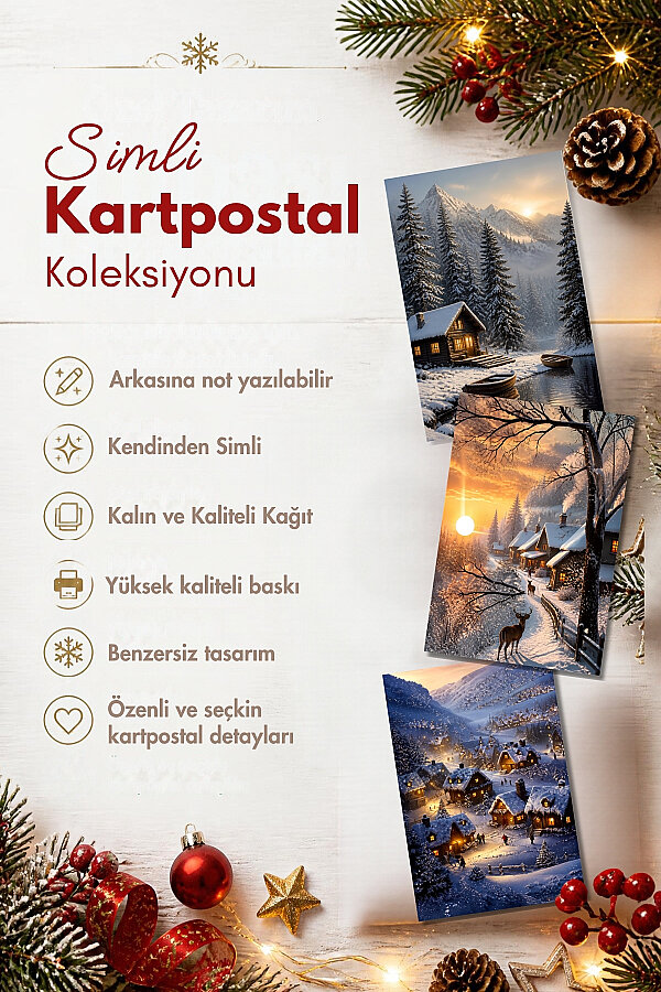 6lı Simli Yılbaşı Kartpostal Seti - Karlı Dere ve Kış Manzarası (Kendinden Simli, Not Yazılabilir) - 2