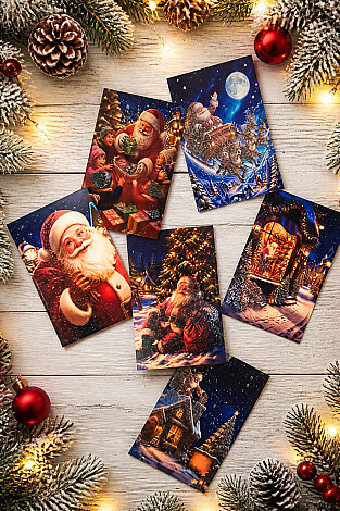 6lı Simli Yılbaşı Kartpostal Seti - Noel Baba (Kendinden Simli, Not Yazılabilir) - Bimotif