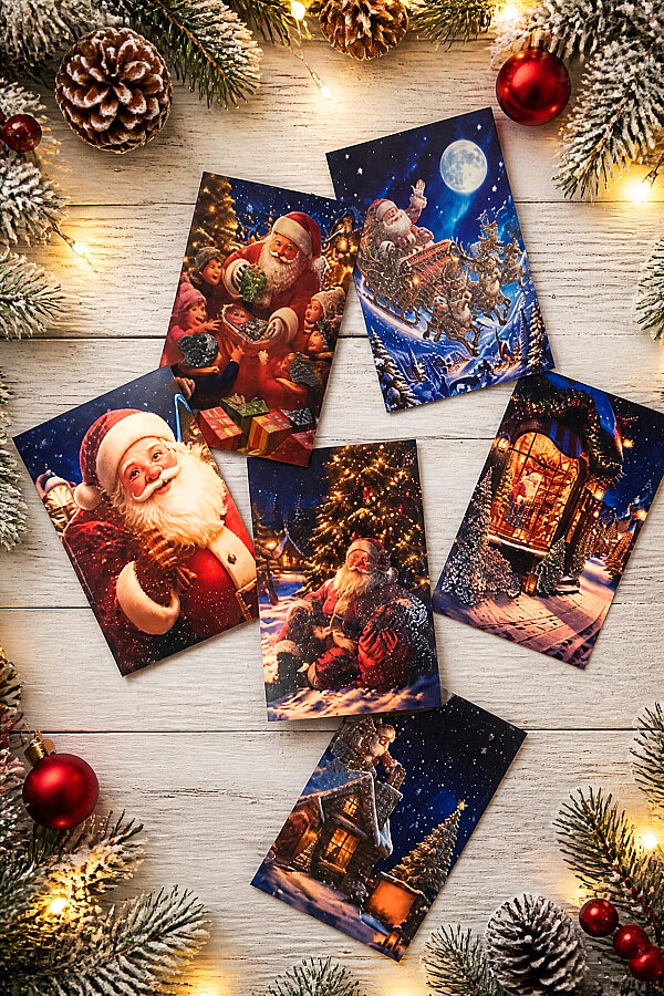 6lı Simli Yılbaşı Kartpostal Seti - Noel Baba, Santa (Kendinden Simli, Not Yazılabilir) - 1