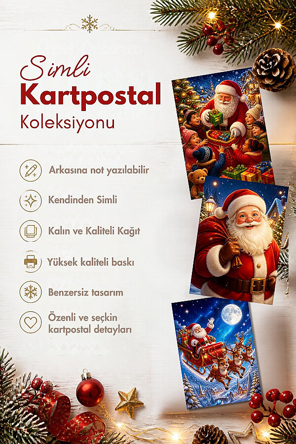 6lı Simli Yılbaşı Kartpostal Seti - Noel Baba, Santa (Kendinden Simli, Not Yazılabilir) - 2