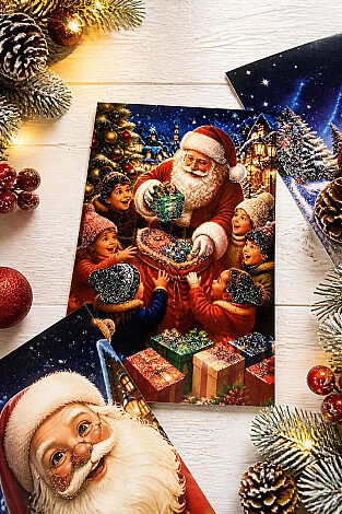 6lı Simli Yılbaşı Kartpostal Seti - Noel Baba, Santa (Kendinden Simli, Not Yazılabilir) - 3