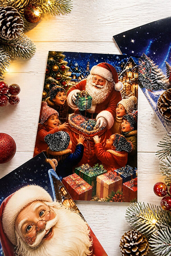 6lı Simli Yılbaşı Kartpostal Seti - Noel Baba, Santa (Kendinden Simli, Not Yazılabilir) - 3