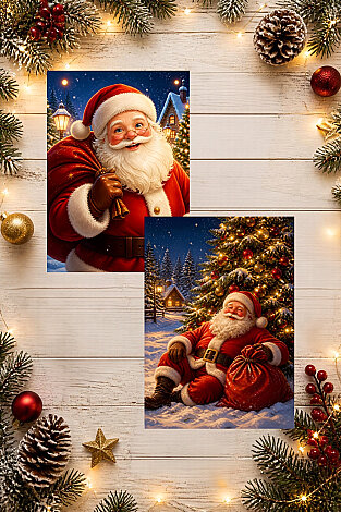 6lı Simli Yılbaşı Kartpostal Seti - Noel Baba, Santa (Kendinden Simli, Not Yazılabilir) - 4