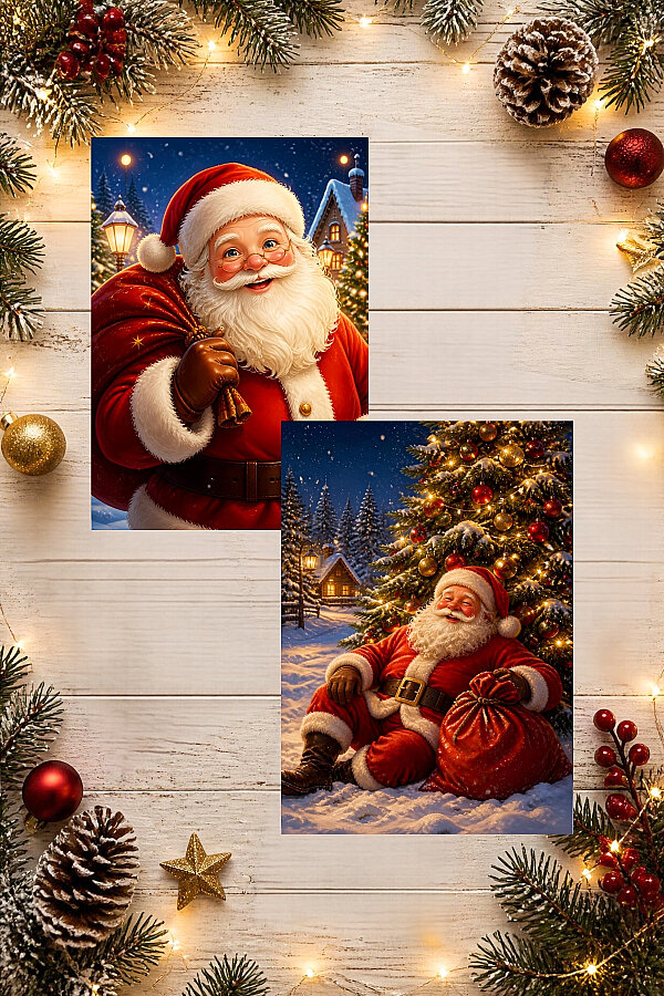 6lı Simli Yılbaşı Kartpostal Seti - Noel Baba, Santa (Kendinden Simli, Not Yazılabilir) - 4