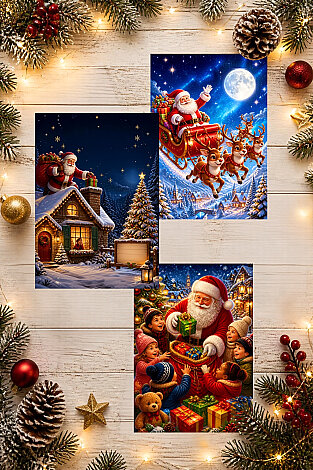 6lı Simli Yılbaşı Kartpostal Seti - Noel Baba, Santa (Kendinden Simli, Not Yazılabilir) - 5