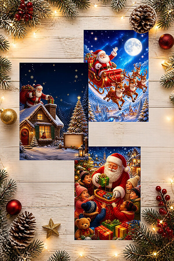 6lı Simli Yılbaşı Kartpostal Seti - Noel Baba, Santa (Kendinden Simli, Not Yazılabilir) - 5