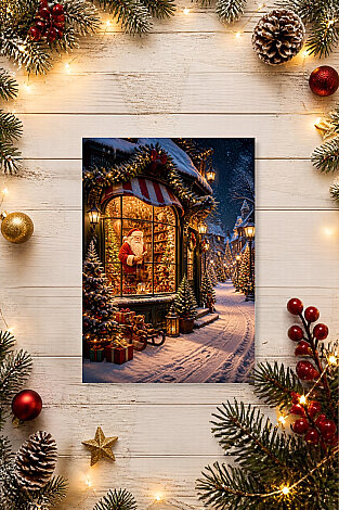 6lı Simli Yılbaşı Kartpostal Seti - Noel Baba, Santa (Kendinden Simli, Not Yazılabilir) - 6